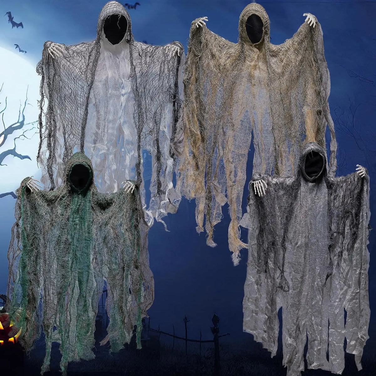 4 Pack 19'' Halloween Hanging Ghost Decoration Outdoor, Faceless Grim Reaper Set with Posable Arms in Dark Horror Robe for Halloween Tree, Yard, Patio, Haunted House, Party Decorations