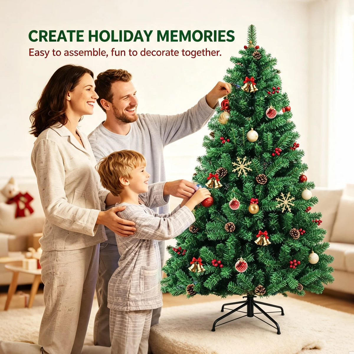 7ft Artificial Christmas Tree with Pine Cones & Red Berries, Hinged Fireproof PVC Xmas Tree with Metal Stand for Home Holiday Party Decor