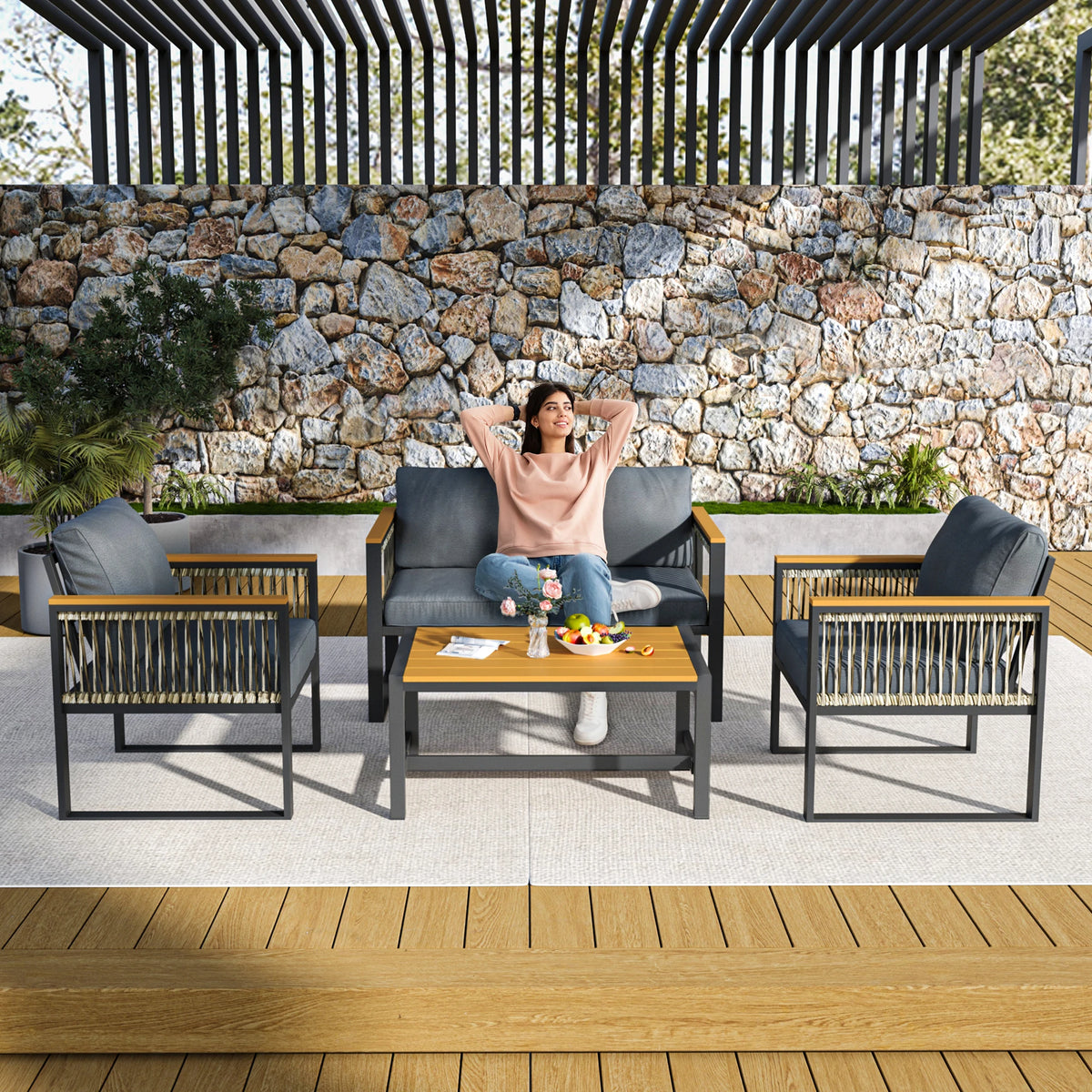 All Weather Plastic Wood Outdoor Patio Furniture Set