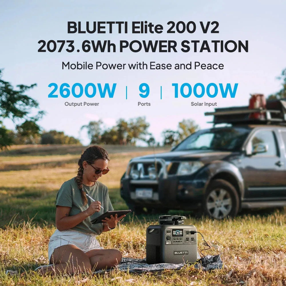 BLUETTI Elite 200 V2 2600W 2073.6Wh Large Capacity Solar Ready Power Station Multi Port Pure Sine Wave Battery Pack for RV Overlanding Van Life Camping Outdoor Construction Travel