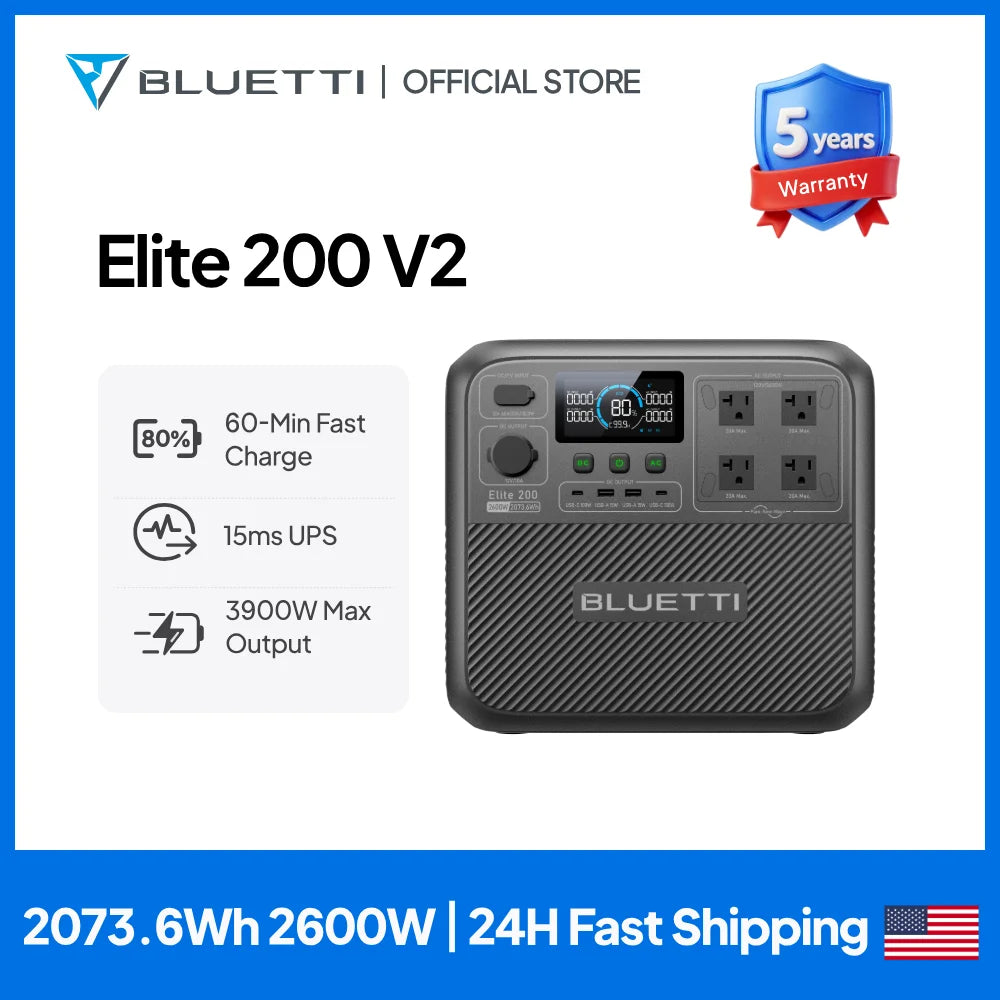 BLUETTI Elite 200 V2 2600W 2073.6Wh Large Capacity Solar Ready Power Station Multi Port Pure Sine Wave Battery Pack for RV Overlanding Van Life Camping Outdoor Construction Travel