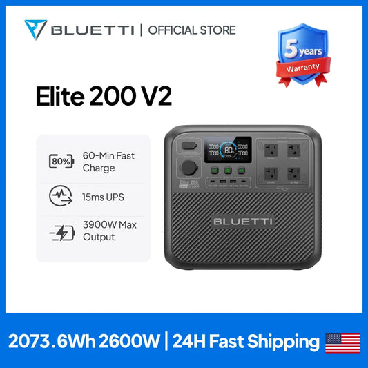 BLUETTI Elite 200 V2 2600W 2073.6Wh Large Capacity Solar Ready Power Station Multi Port Pure Sine Wave Battery Pack for RV Overlanding Van Life Camping Outdoor Construction Travel