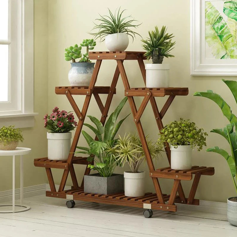 Bingopaw Six Tier Triangular Wooden Plant Shelf With Wheels