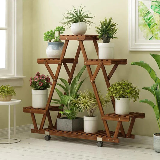 Bingopaw Six Tier Triangular Wooden Plant Shelf With Wheels
