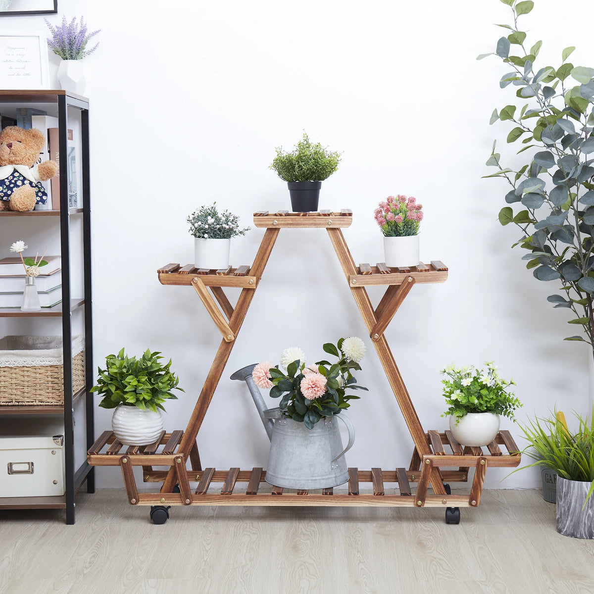 Bingopaw Six Tier Triangular Wooden Plant Shelf With Wheels