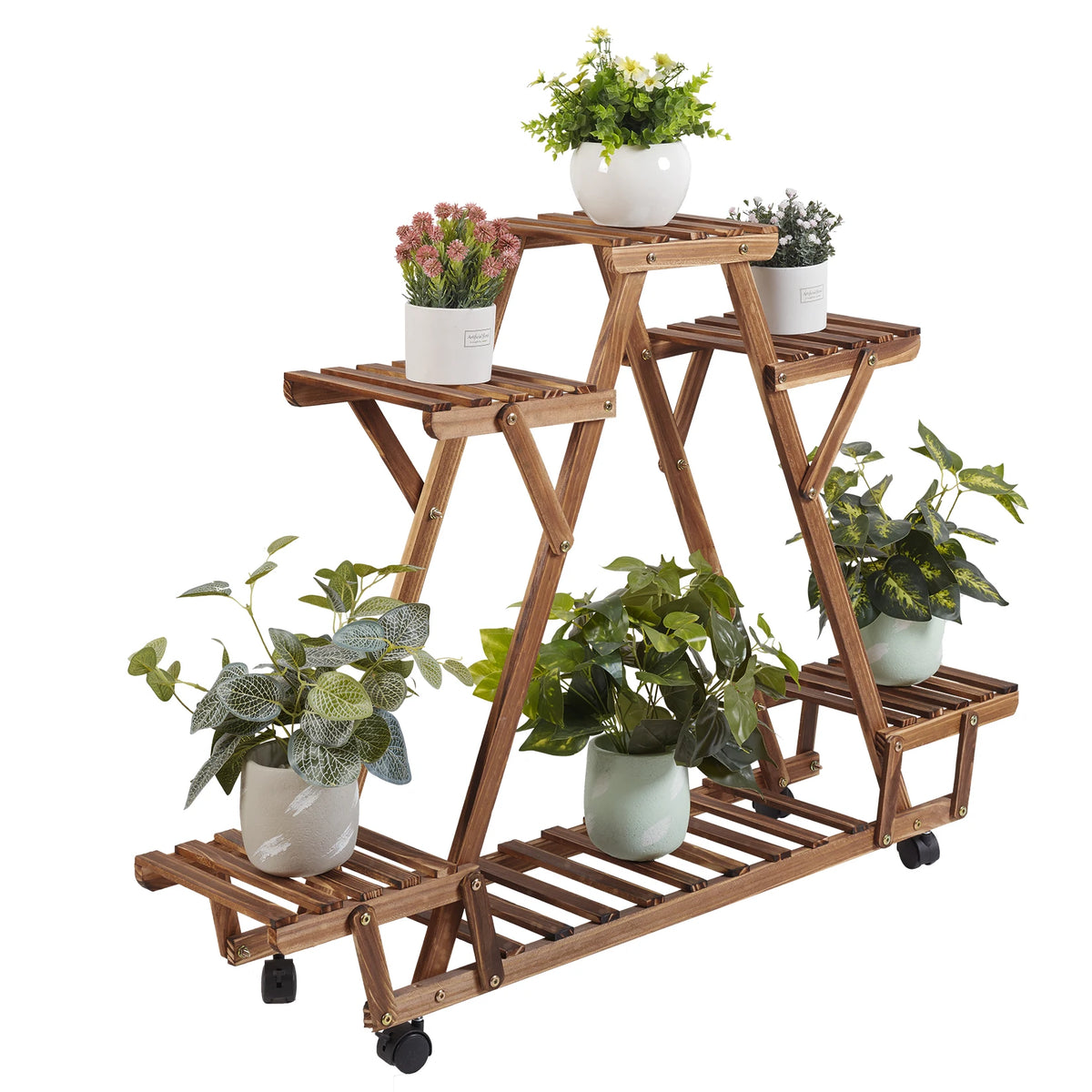 Bingopaw Six Tier Triangular Wooden Plant Shelf With Wheels