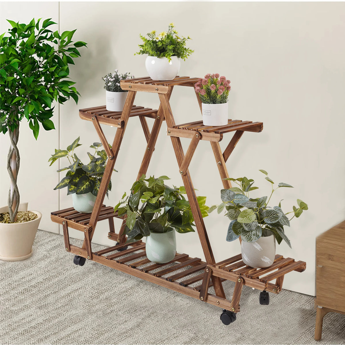 Bingopaw Six Tier Triangular Wooden Plant Shelf With Wheels