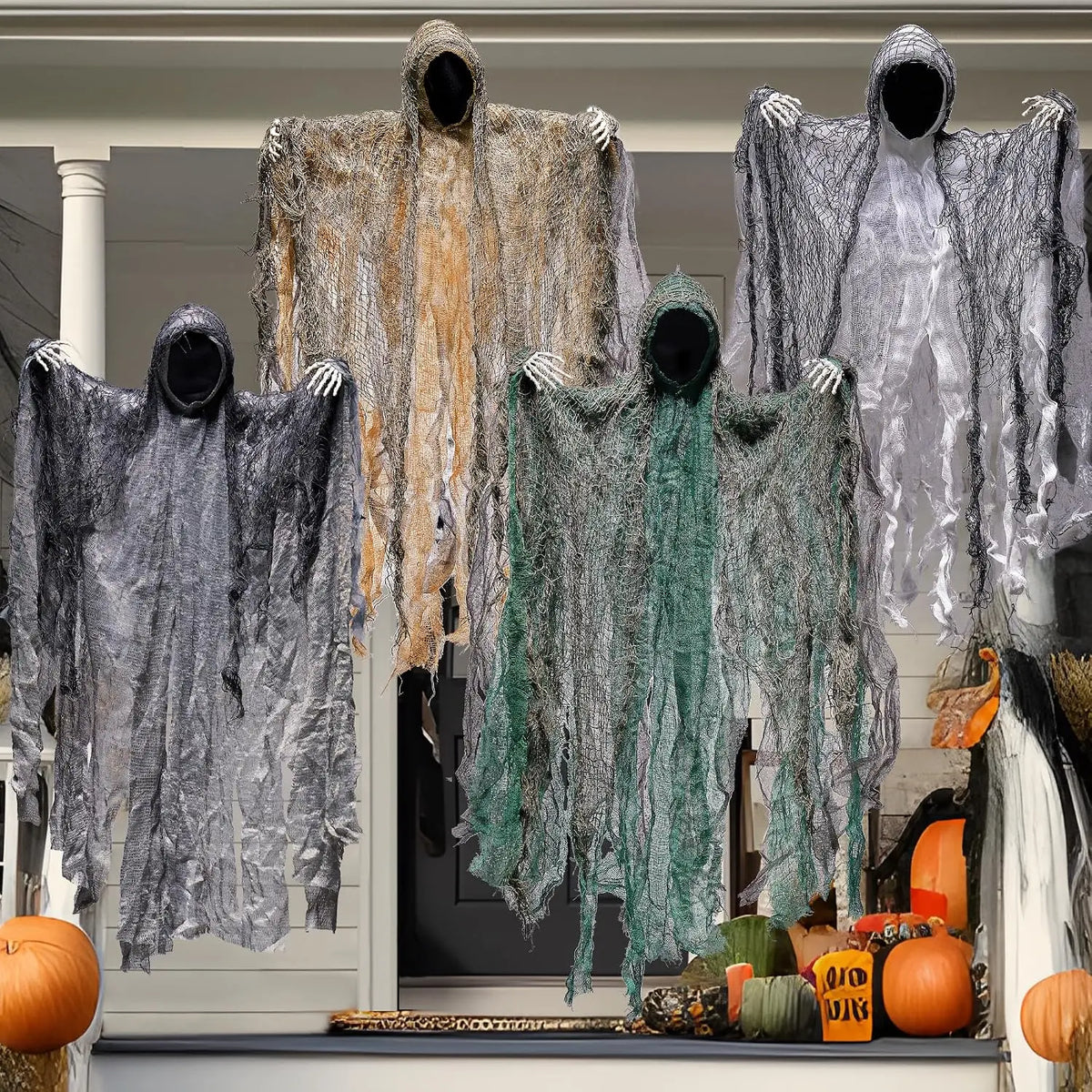 4 Pack 19'' Halloween Hanging Ghost Decoration Outdoor, Faceless Grim Reaper Set with Posable Arms in Dark Horror Robe for Halloween Tree, Yard, Patio, Haunted House, Party Decorations
