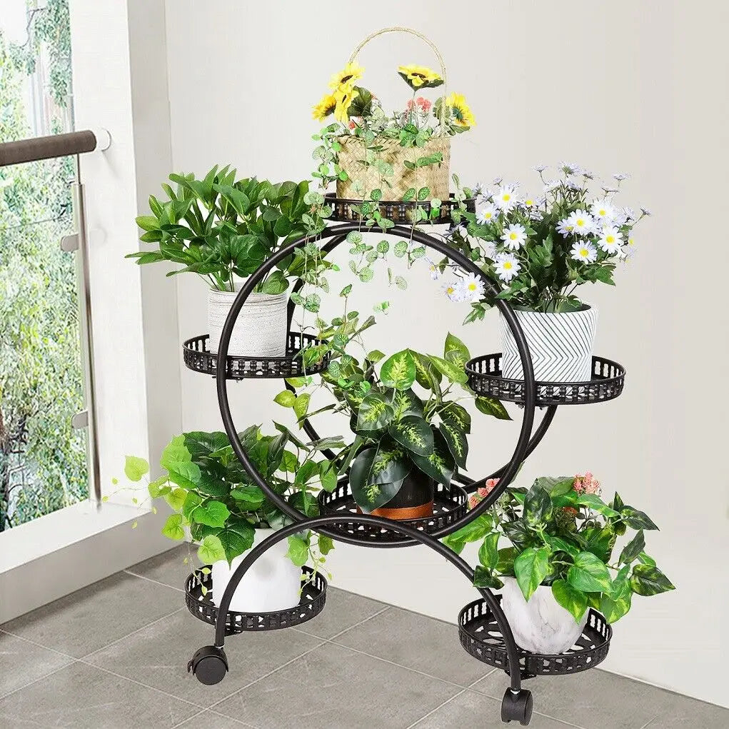 Rolling Metal Plant Stand With Multi Tier Display Shelves