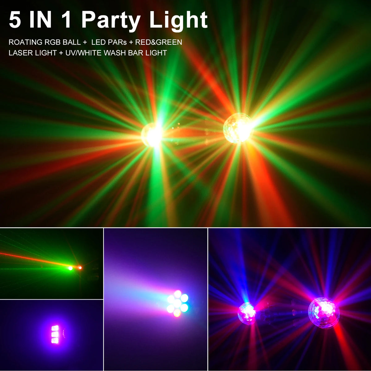 U'King Mini 5IN1 Bracket Effect Light Remote Control Mobile Stage Light Sound Control Strobe Magic Ball Light for DJ Show Party