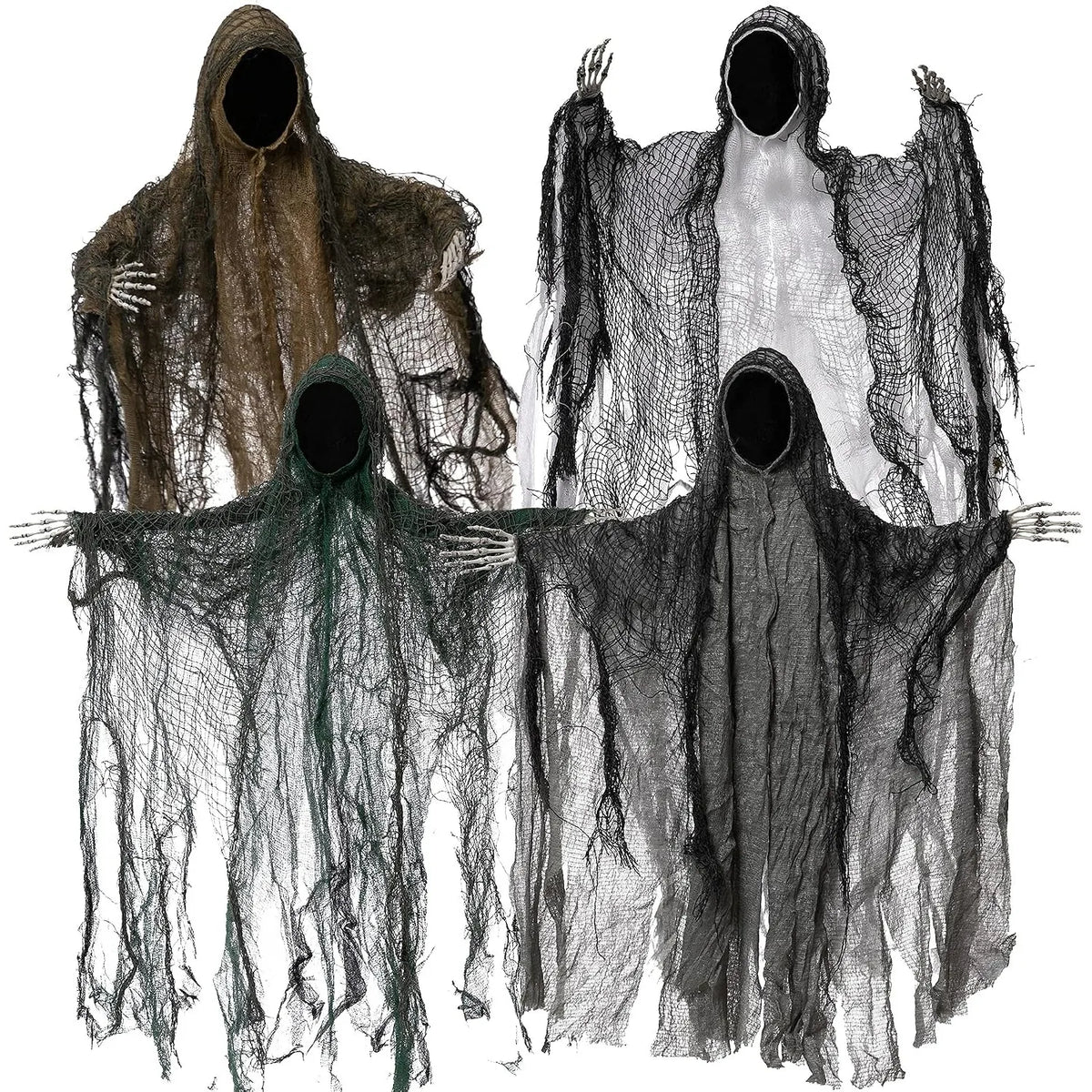 4 Pack 19'' Halloween Hanging Ghost Decoration Outdoor, Faceless Grim Reaper Set with Posable Arms in Dark Horror Robe for Halloween Tree, Yard, Patio, Haunted House, Party Decorations