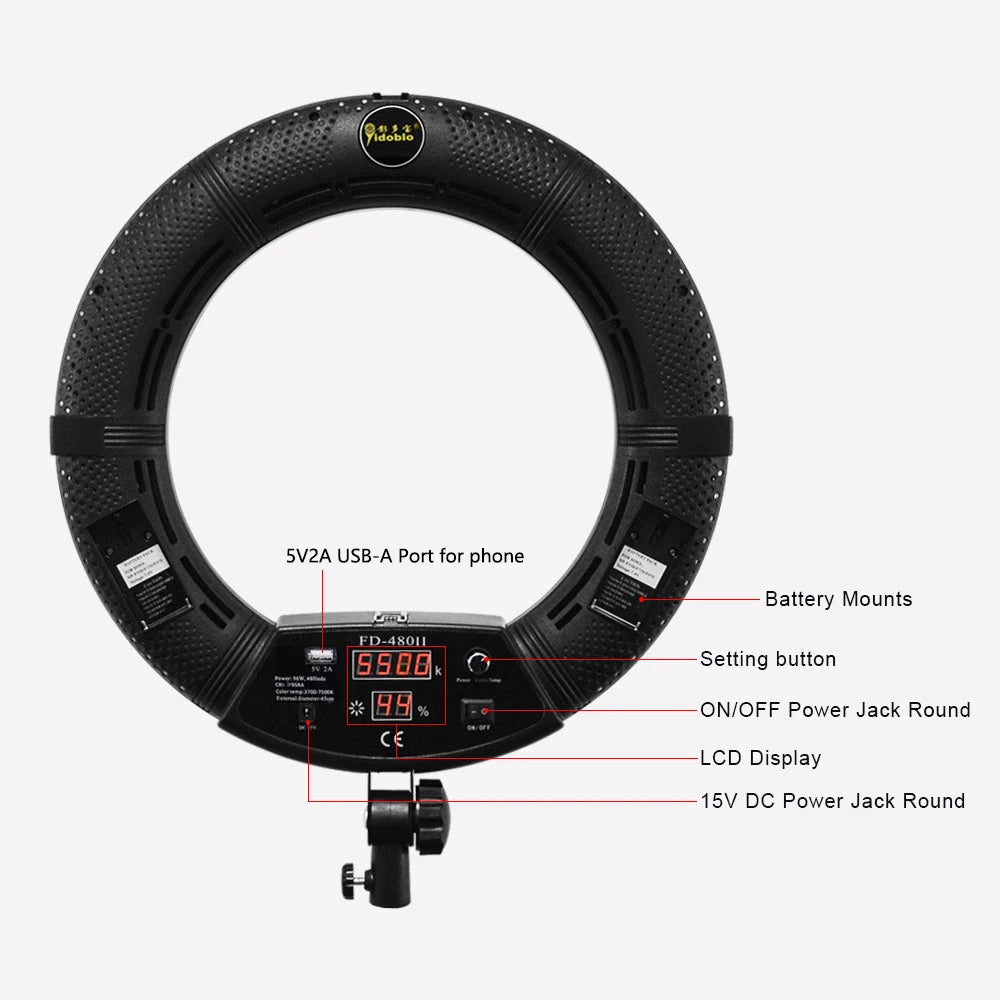 Yidoblo FD480II LED Light Ring Kit 18inch Bi-color 96w Selfie Light Video Ring Light Lamp with Stand Bag Led Makeup Light CRI95+