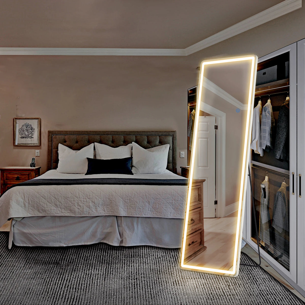 MCQ 64x21 Inch Led Rectangle Full Length Mirror with Stand Full Body Wall Mounted Aluminum Alloy Frame Mirror Modern Wall Mount Vanity Mirror for Home