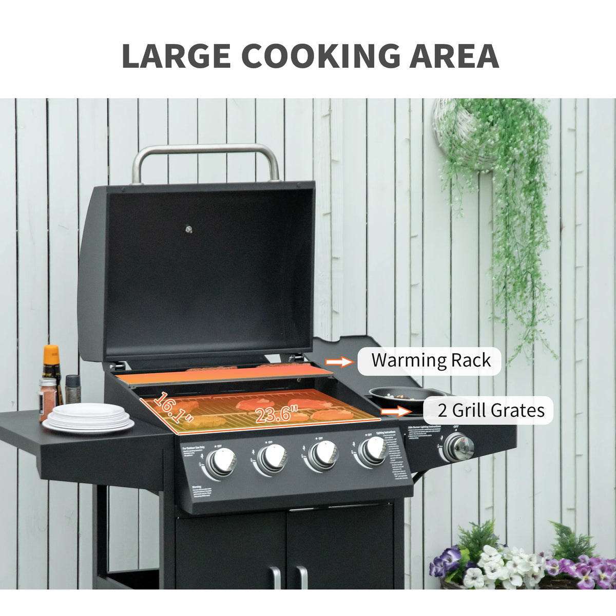 4+1 Burner Gas Grill BBQ Trolley w/ Warming Rack, Side Shelf, Black