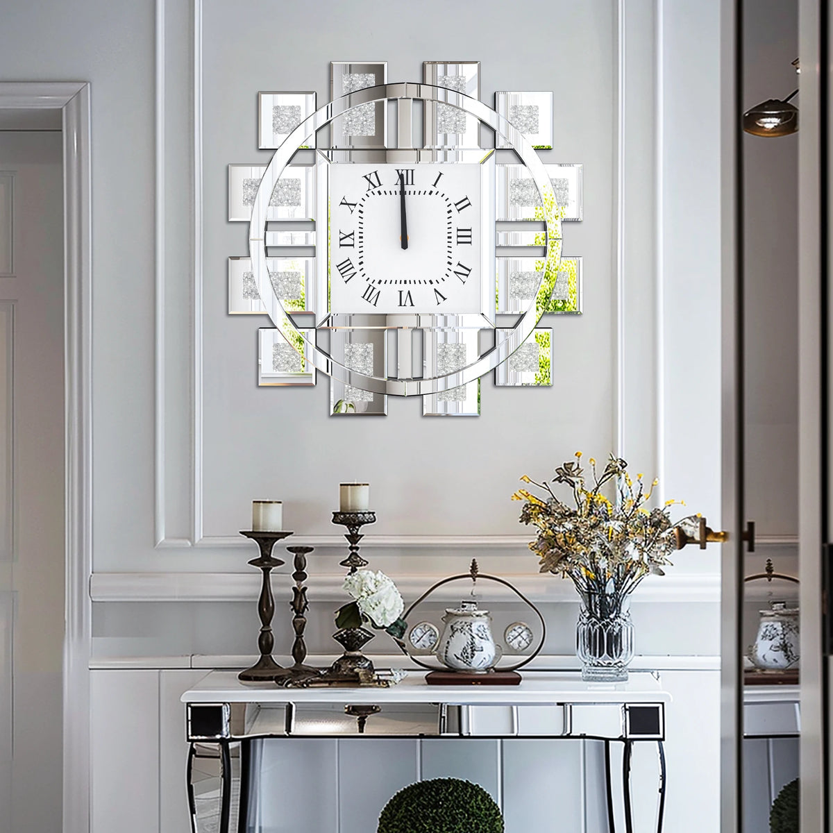 Mirrored Crush Diamond Wall Clock With Roman Numerals
