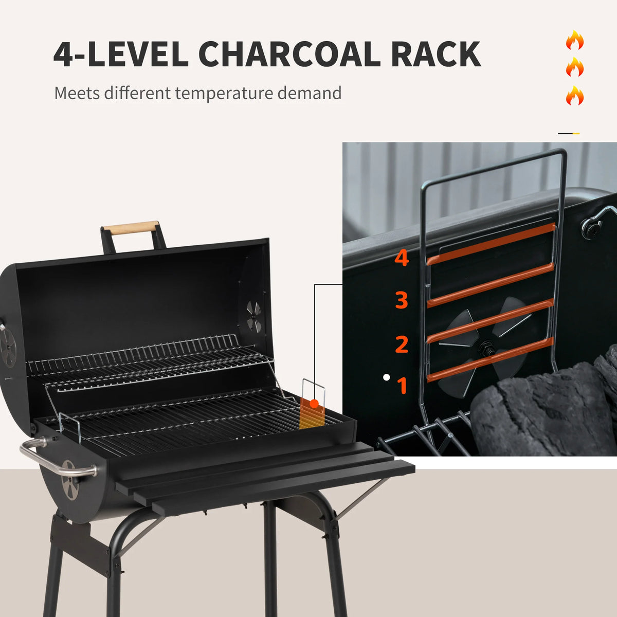 30" Portable Charcoal BBQ Grill w/ Adjustable Charcoal Rack Storage Shelf Wheel