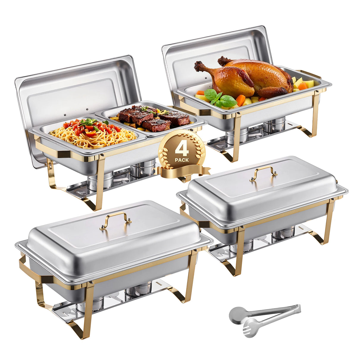 SucceBuy 8 Qt 4 Pack Chafing Dish Buffet Set Stainless Steel Chafer with 2 Full Size and 4 Half Size Pans Catering Warmer Server