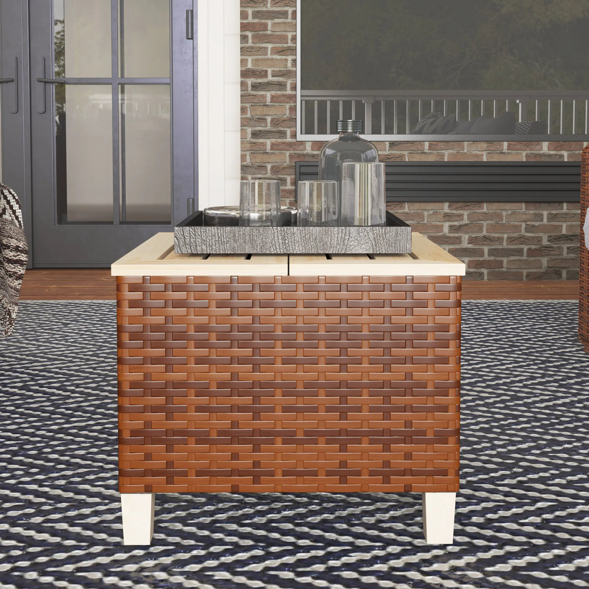 Outdoor Side Table with PE Rattan, Accent Table with Wood Top, Brown