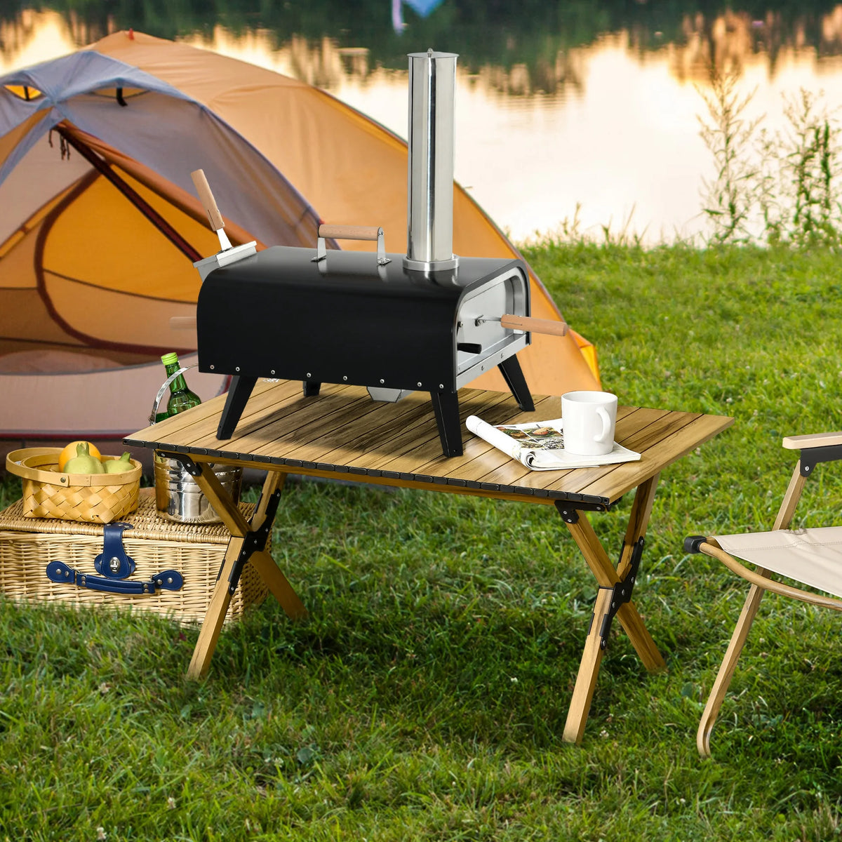 Outdoor Pizza Oven with Rotating Stone, 12" Wood Fired Pizza Maker