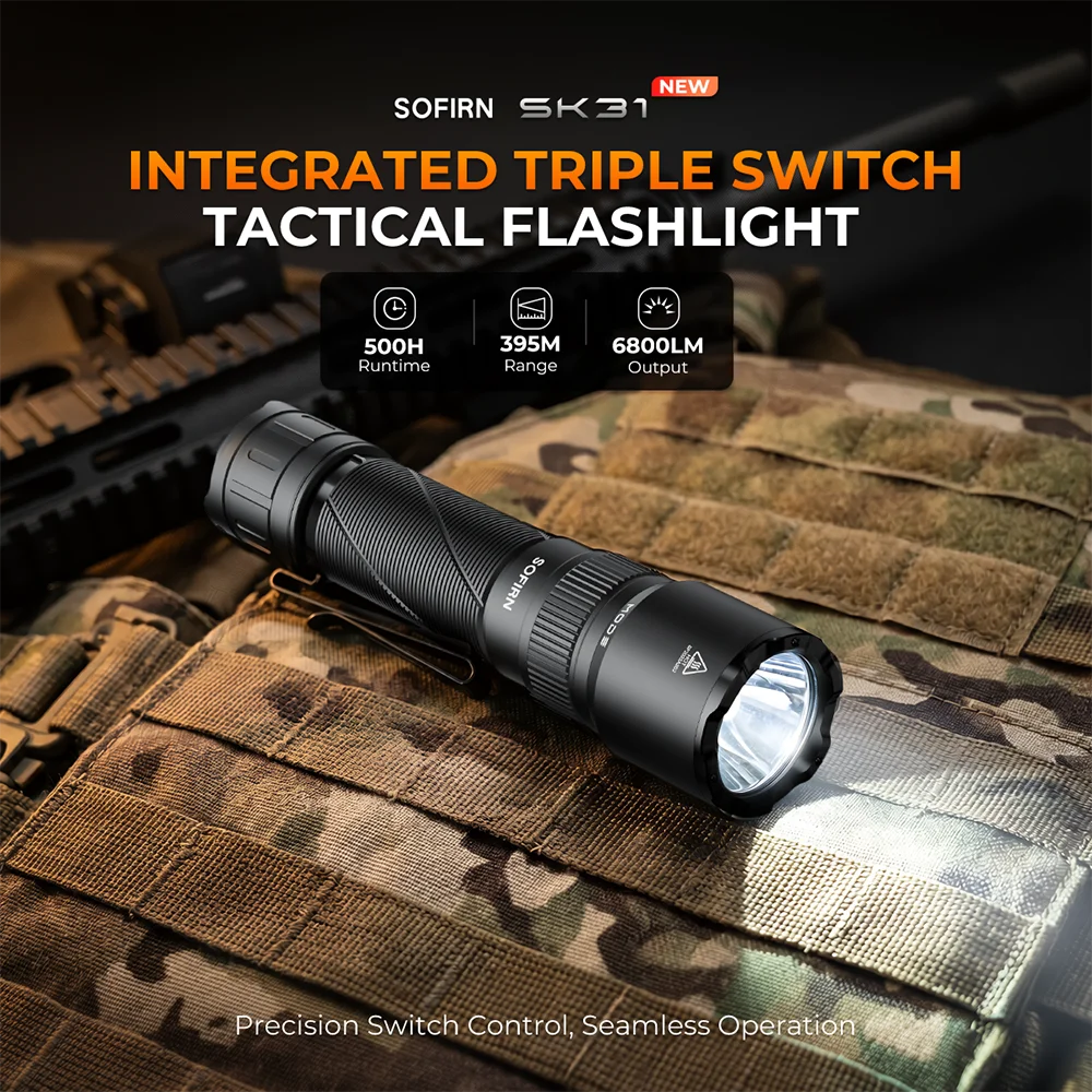 SOFIRN SK31 6800LM Tactical Flashlight 395M Triple-Switch Control Light USB-C Rechargeable Torch IPX8 for Outdoor Search
