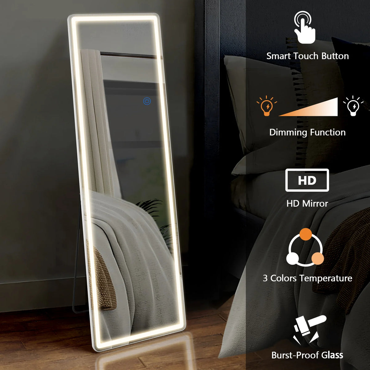 JHK 64x21 Inch Led Full Length Mirror with Stand Tempered Glass Aluminum Frame Hanging or Leaning Full Body Floor Mirror Standing or Wall Mount Modern Home Decor