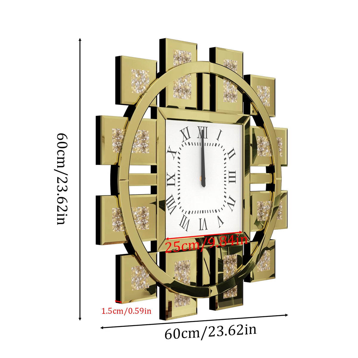 Mirrored Crush Diamond Wall Clock With Roman Numerals