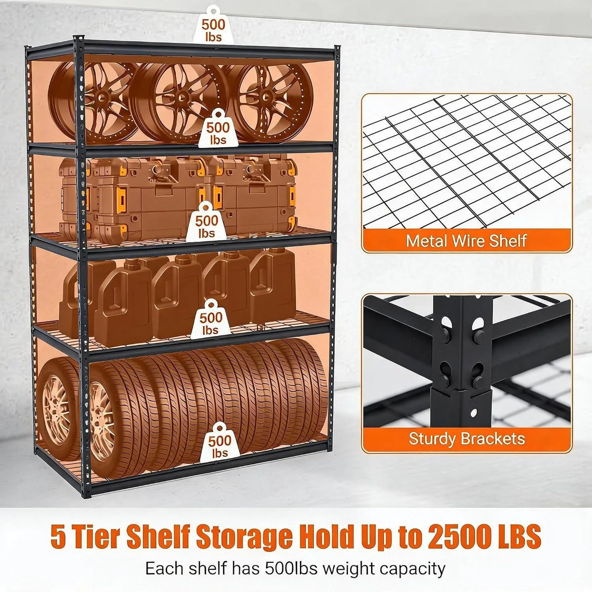 2500LBS 48“ Heavy Duty Storage Shelving Unit 5 Tier Adjustable Metal Garage Shelf Steel Storage Rack Organizer for Workshop Kitchen Pantry Basement Warehouse