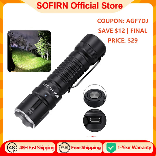 Sofirn SC33 XHP70.3 HI LED Flashlight Tactical 5200lm Powerful 21700 USB C Rechargeable Torch with Tail E-switch Outdoor Light