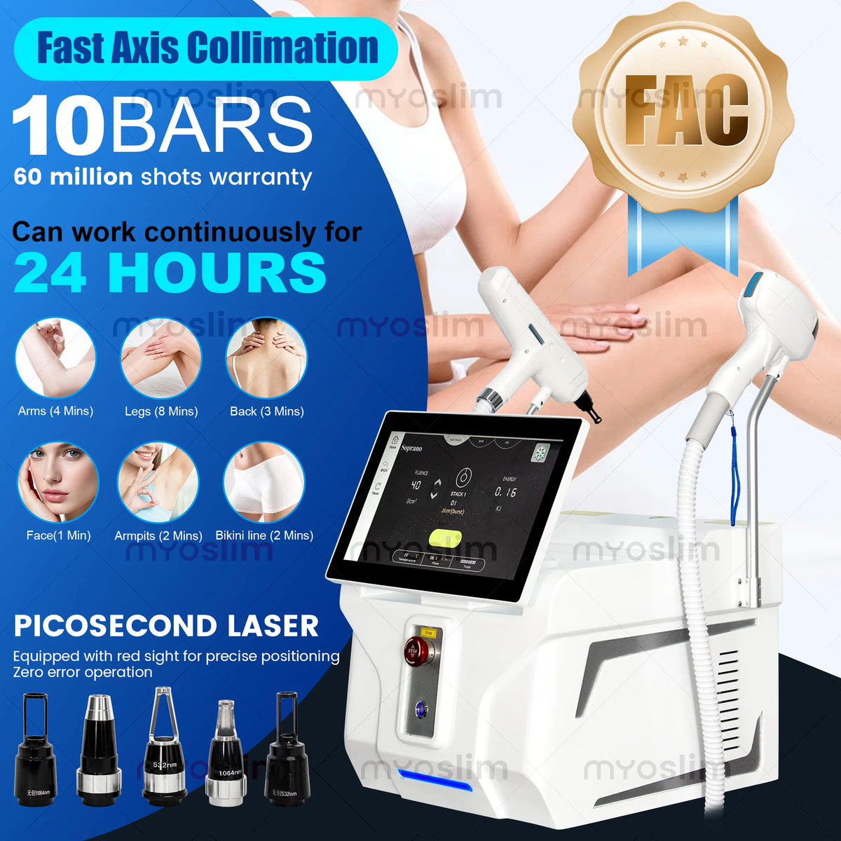 2In1 Soprano Titanium Ice Platinum FAC 6 Wavelength Diode Laser 808+Picosecond Painless Permanent Hair Removal Tattoo Removal