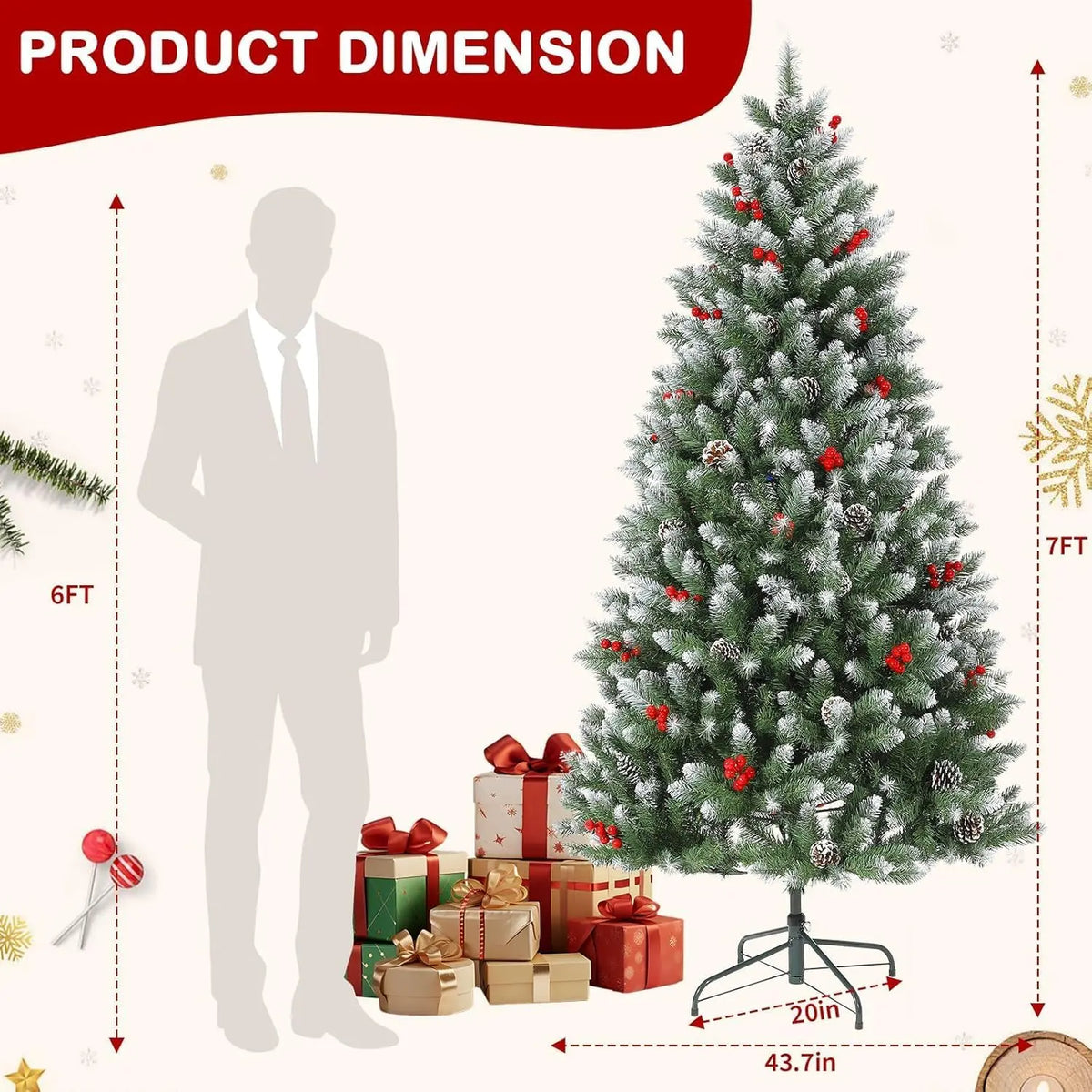 4/5/6/7FT Snow Flocked Artificial Christmas Tree With Pine Cones Berries Quick Set Up Full Style For Xmas Decor With Metal Base