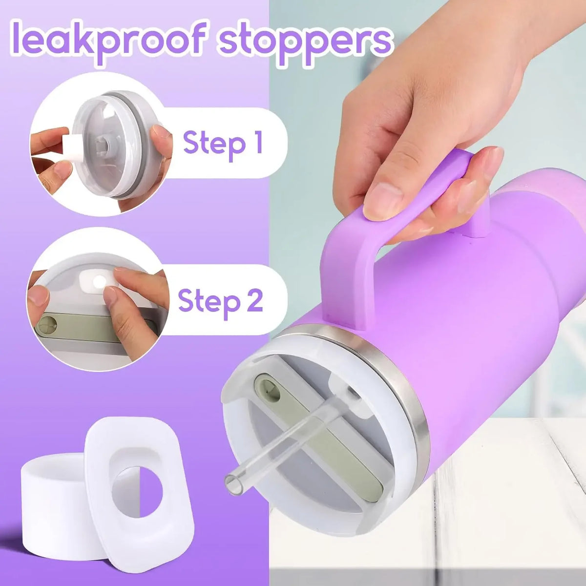 8PCS Accessories Set for Cup Purple 30oz 40oz tumbler Silicone Straw Topper Cover Cap Boot Handle Charm Initials Sticker