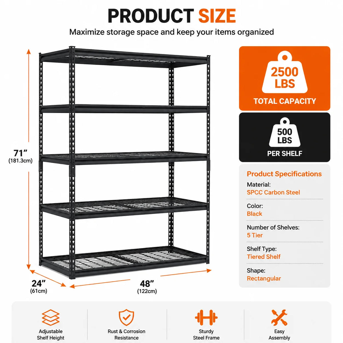 2500LBS 48“ Heavy Duty Storage Shelving Unit 5 Tier Adjustable Metal Garage Shelf Steel Storage Rack Organizer for Workshop Kitchen Pantry Basement Warehouse