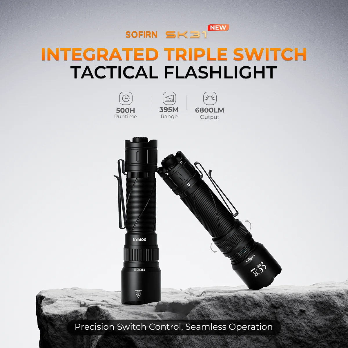 SOFIRN SK31 6800LM Tactical Flashlight 395M Triple-Switch Control Light USB-C Rechargeable Torch IPX8 for Outdoor Search