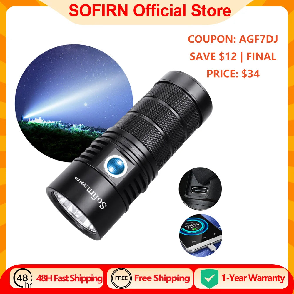Sofirn SP36 Pro 8000lm Powerful LED Flashlight  4*SST40 USB C Rechargeable 18650 Torch