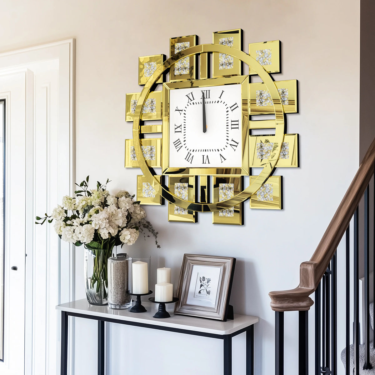 Mirrored Crush Diamond Wall Clock With Roman Numerals