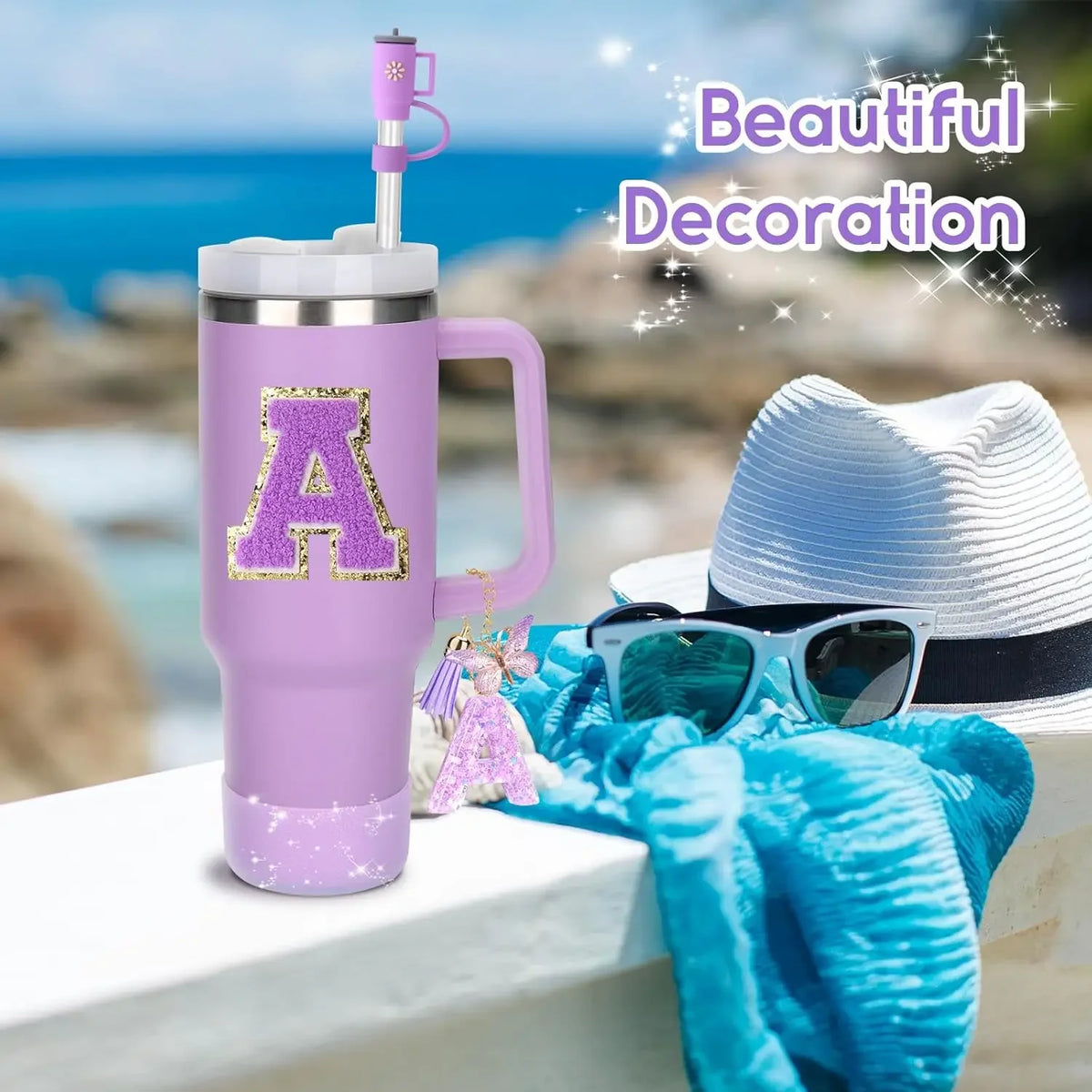 8PCS Accessories Set for Cup Purple 30oz 40oz tumbler Silicone Straw Topper Cover Cap Boot Handle Charm Initials Sticker