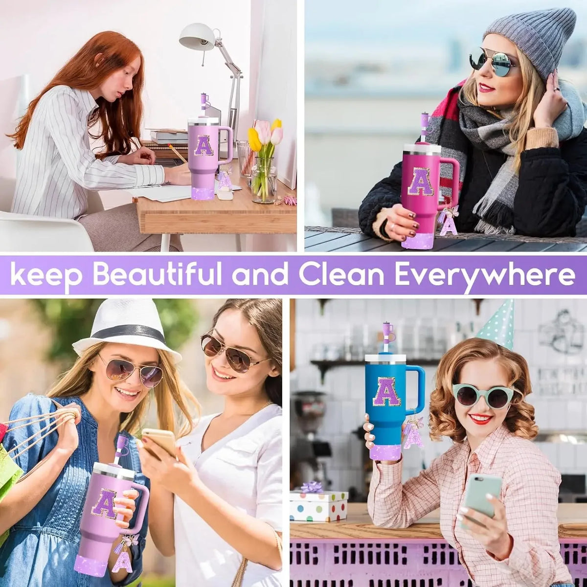 8PCS Accessories Set for Cup Purple 30oz 40oz tumbler Silicone Straw Topper Cover Cap Boot Handle Charm Initials Sticker
