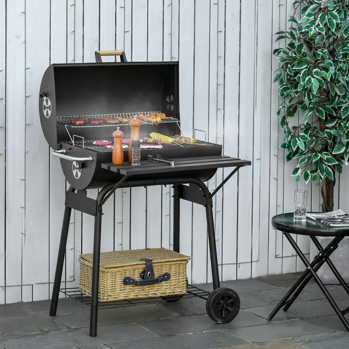 30" Portable Charcoal BBQ Grill w/ Adjustable Charcoal Rack Storage Shelf Wheel