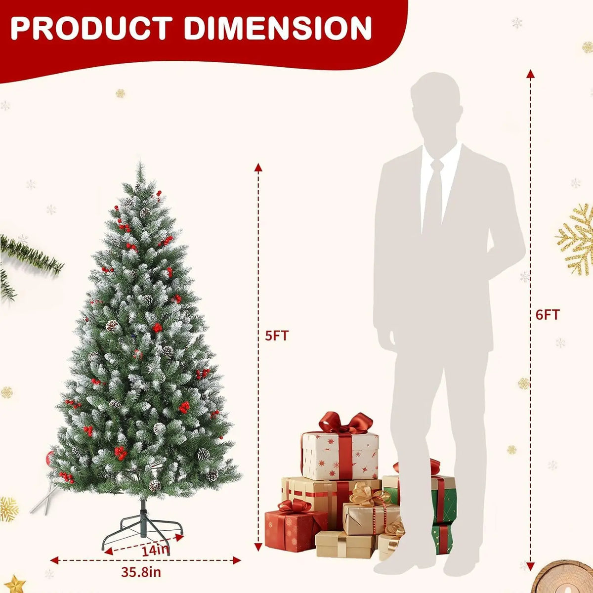 4/5/6/7FT Snow Flocked Artificial Christmas Tree With Pine Cones Berries Quick Set Up Full Style For Xmas Decor With Metal Base