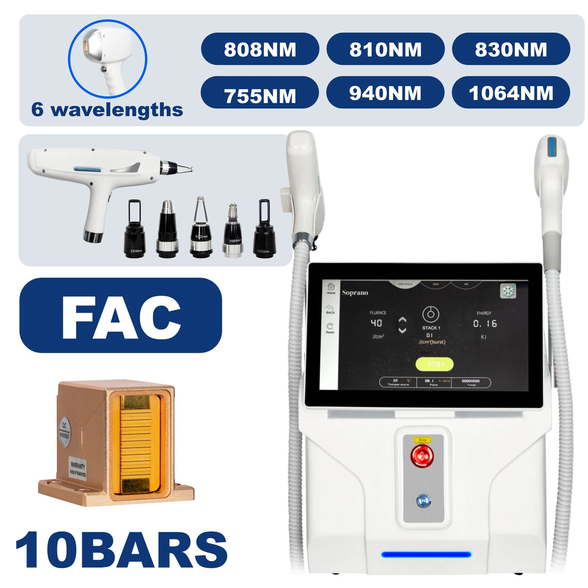 2In1 Soprano Titanium Ice Platinum FAC 6 Wavelength Diode Laser 808+Picosecond Painless Permanent Hair Removal Tattoo Removal