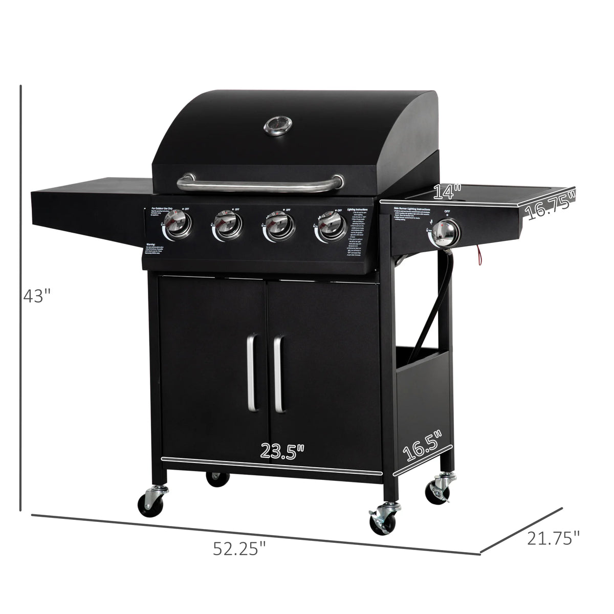 4+1 Burner Gas Grill BBQ Trolley w/ Warming Rack, Side Shelf, Black