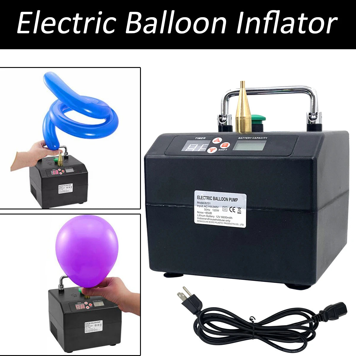 120W Electric Balloon Pump 110V-240V Balloon Inflator Copper Nozzle Air Blower with Battery Digital Timer and Counter for Party