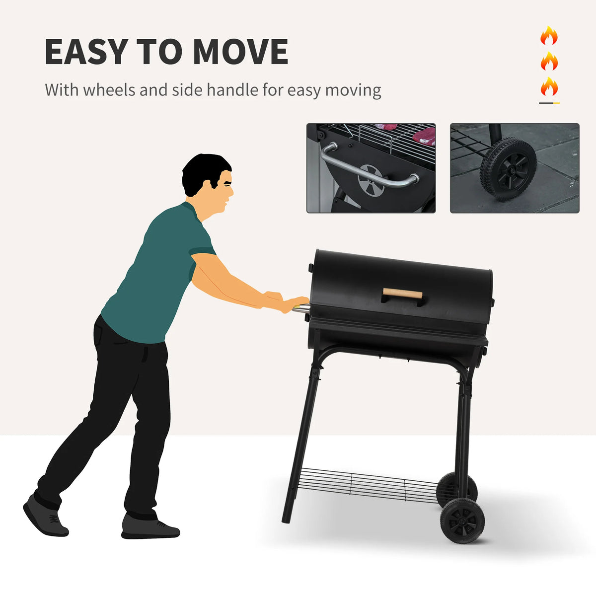 30" Portable Charcoal BBQ Grill w/ Adjustable Charcoal Rack Storage Shelf Wheel