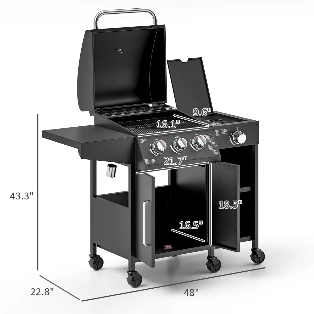 3 Burner Gas Grill with Side Burner and Shelves, Propane BBQ Grill