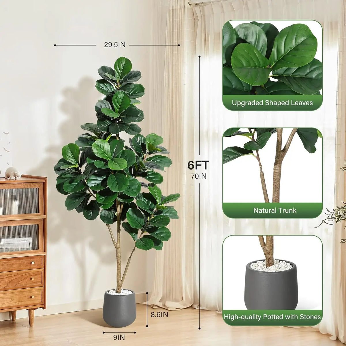 4FT/5FT/6FT/7FT Fiddle Leaf Fig Tree Artificial with Leaves, Realistic Faux Ficus Lyrata Trees in White Planter Pot, Home Decor
