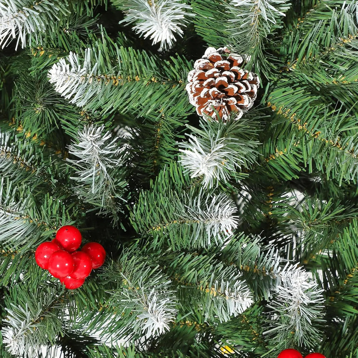 4/5/6/7FT Snow Flocked Artificial Christmas Tree With Pine Cones Berries Quick Set Up Full Style For Xmas Decor With Metal Base