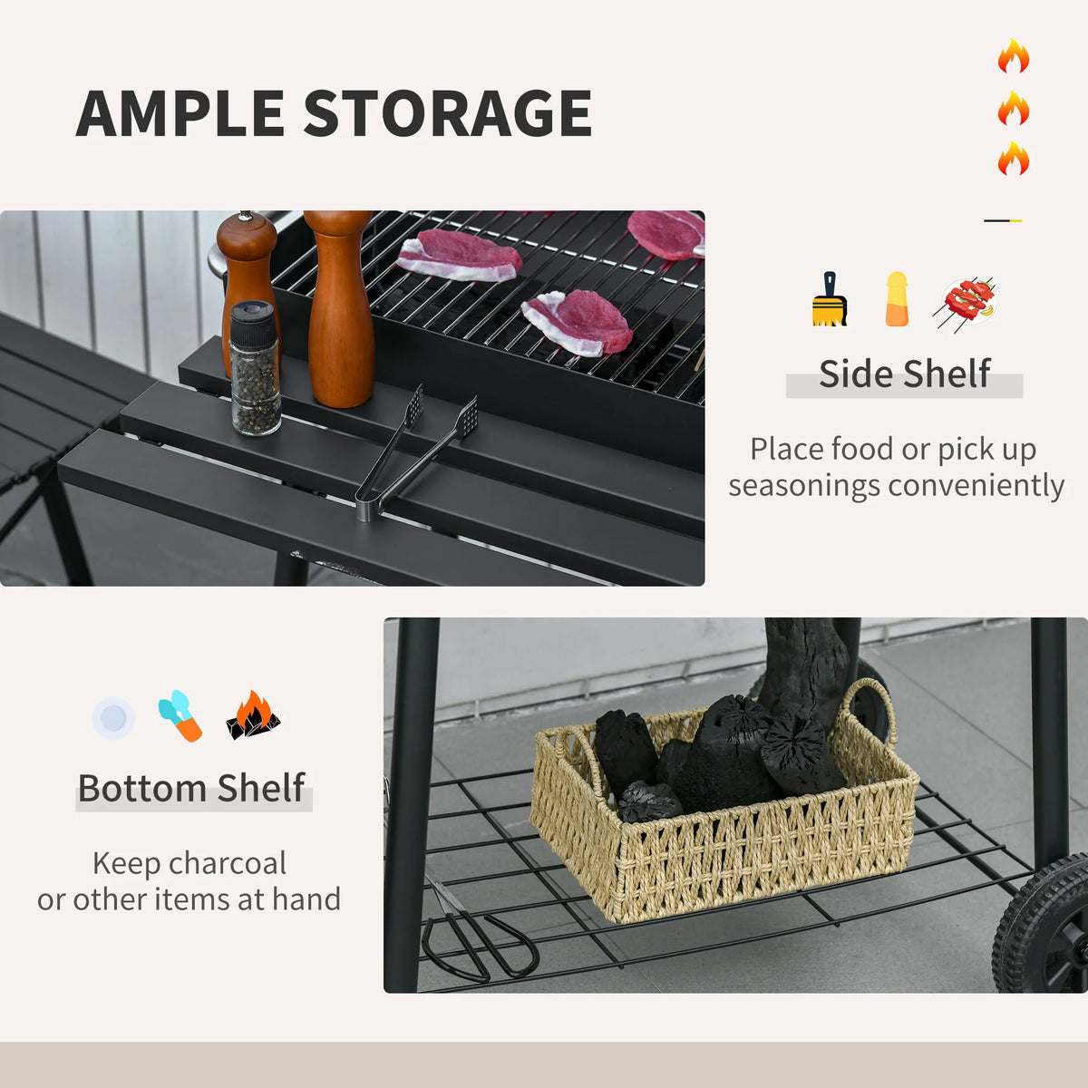 30" Portable Charcoal BBQ Grill w/ Adjustable Charcoal Rack Storage Shelf Wheel