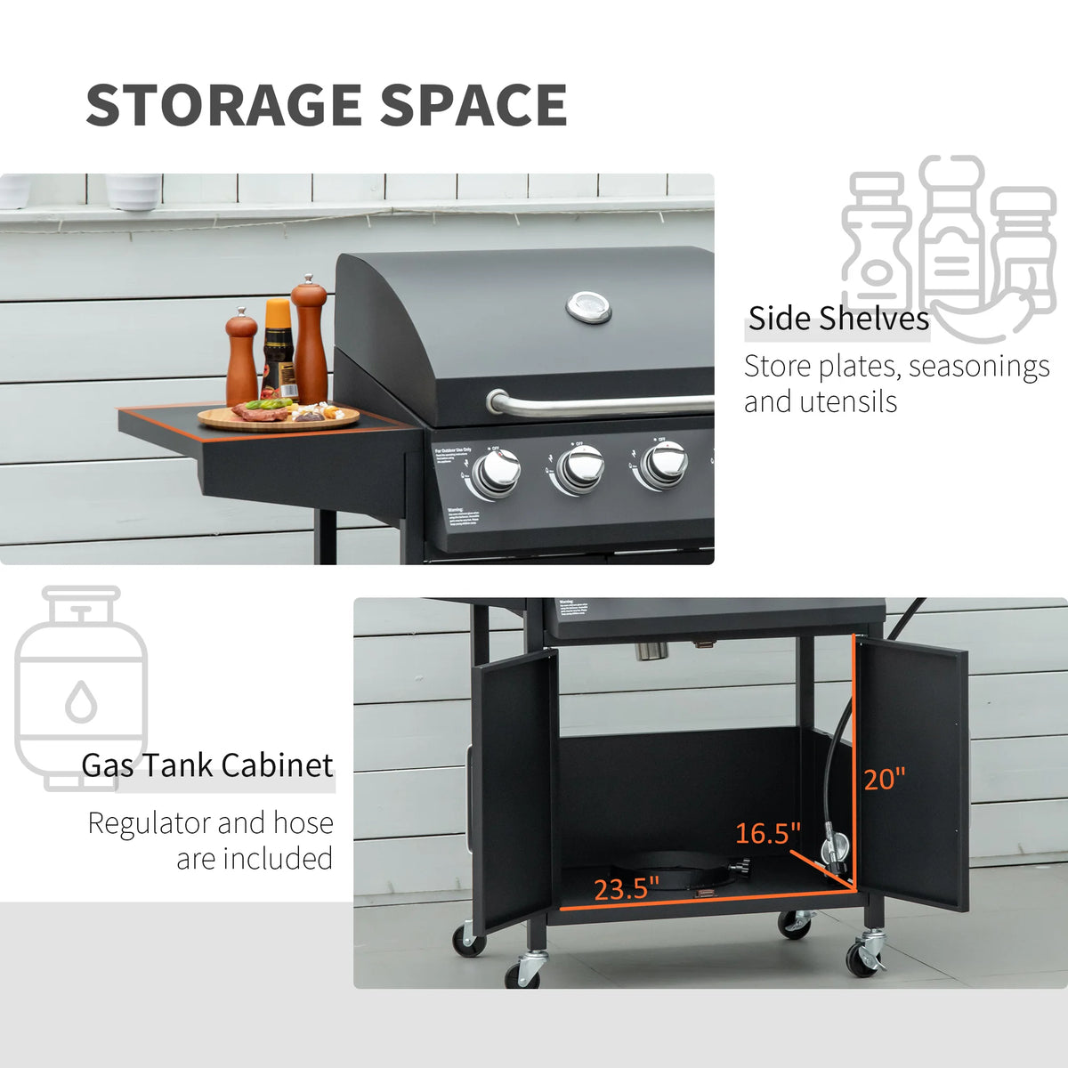 4+1 Burner Gas Grill BBQ Trolley w/ Warming Rack, Side Shelf, Black