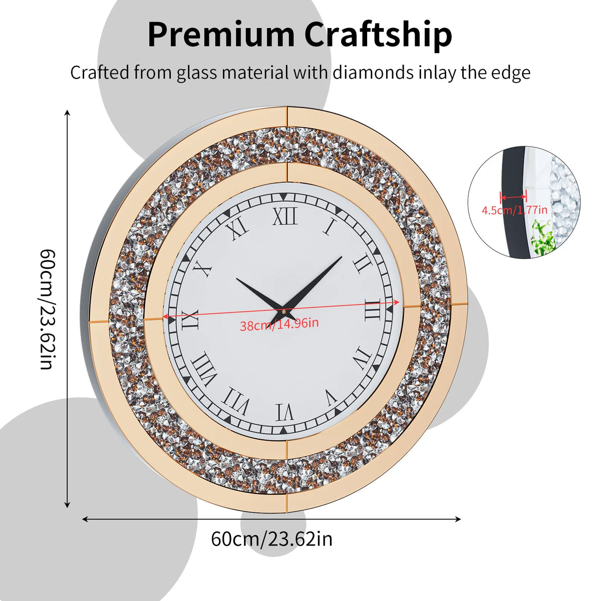 Decorative Mirror Wall Clock With Alarm And Mute Speaker