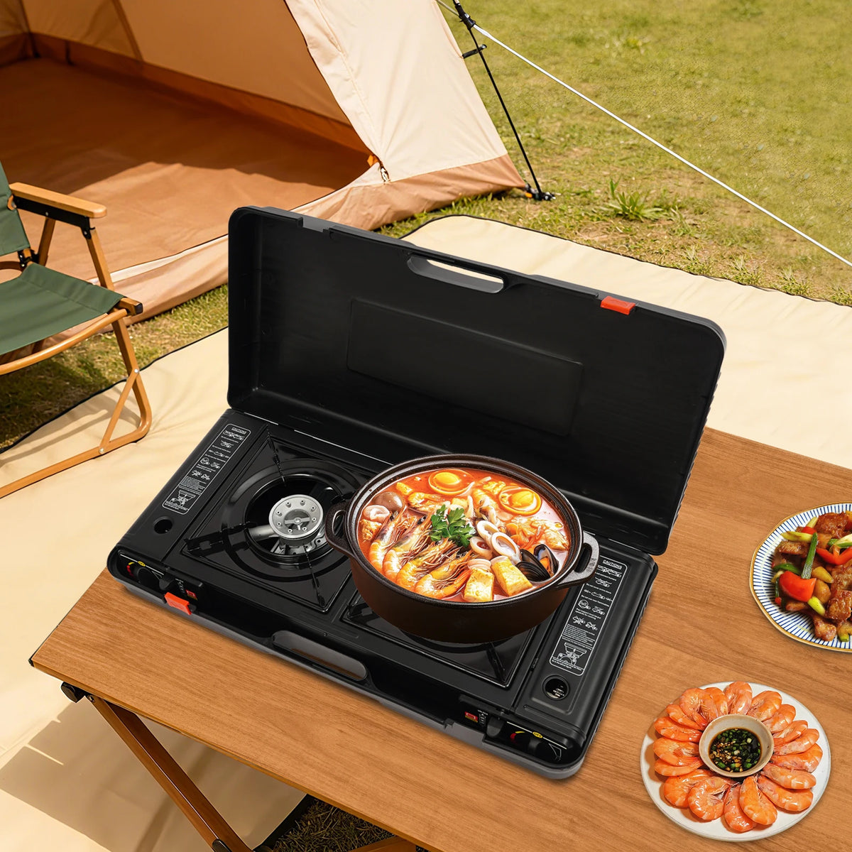 Portable Camping Stove, 2 Burners Camping Stove with Baking Tray & Portable Case, 2500W Each Burner, Piezoelectric Ignition, Butane LPG Gas, Tabletop, for Outdoor Cooking Camping Picnic Patio RV, Black, 24.8x10.24x4.72in, Gas